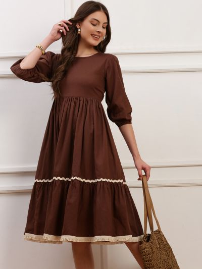 Globus Women Brown Round Neck Puff Sleeves Solid Midi Dress