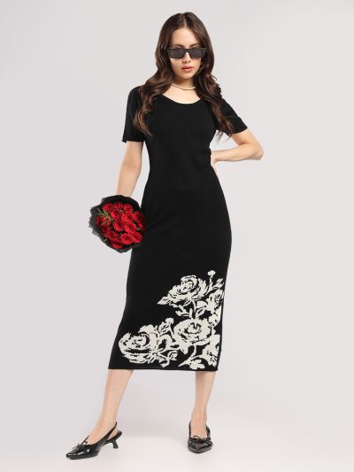 Globus Women Black Round Neck Short Sleeves Acrylic Floral Midi Bodycon Party Dress