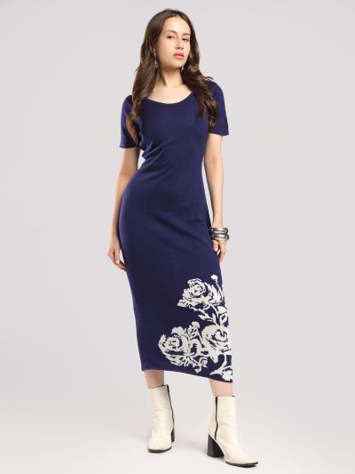 Globus Women Blue Round Neck Short Sleeves Acrylic Floral Midi Bodycon Party Dress