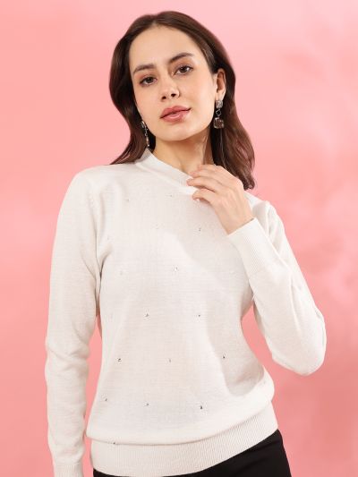Globus Women Off White Crew Neck Long Sleeves Rhinestone Embellished Ribbed Hem Woollen Winterwear Pullover Sweater