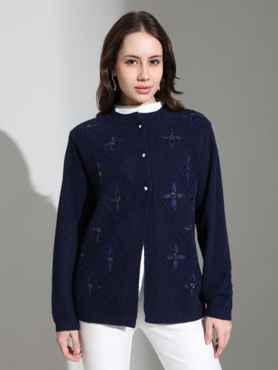 Globus Women Navy Blue Round Neck Long Sleeves Embroidered Embellished Knitted Woollen cardigan Sweater