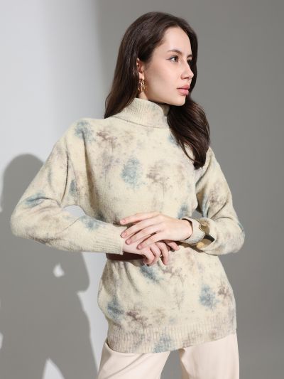 Globus Women Beige Turtle Neck Long Sleeves Abstract Self Design Knitted Woollen Pullover Sweater