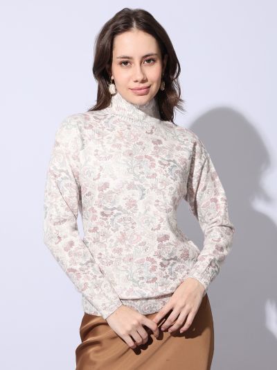 Globus Women White High Neck Long Sleeves Floral Print Self Design Woollen Winterwear Pullover Sweater