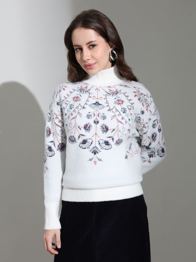 Globus Women Off-white Turtle Neck Long Sleeves Floral Self Design Knitted Woollen Pullover Sweater