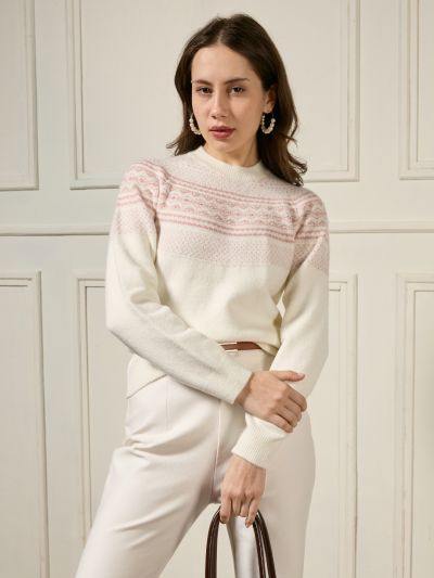 Globus Women Off White Round Neck Long Sleeves Pearl Embellished Self Design Acrylic Winterwear Pullover Sweater