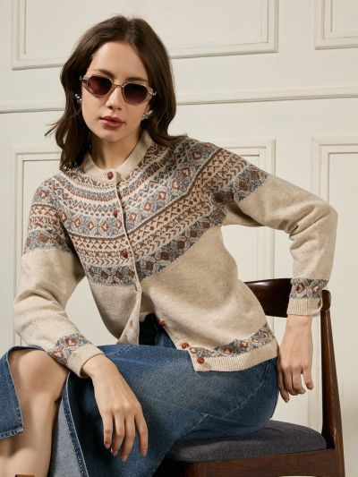 Globus Women Beige Mandarin Collar Long Sleeves Geometric Self Design Acrylic Winterwear Cardigan Sweater