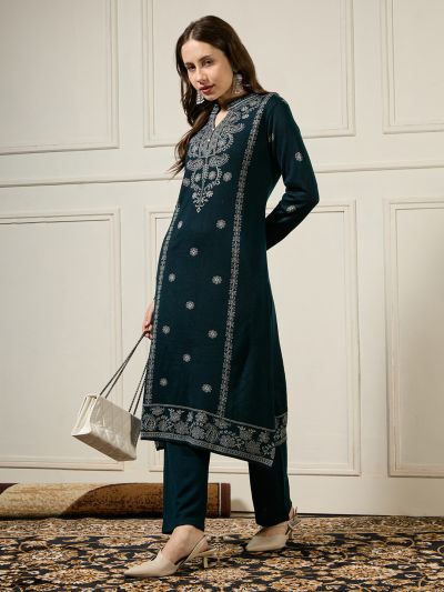 Globus Women Teal Mandarin Collar Long Sleeves Acrylic Ethnic Motifs Self Design A-line Winterwear Kurta With Pants Set
