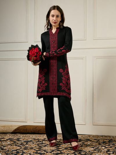 Globus Women Black Mandarin Collar Long Sleeves Acrylic Floral Self Design A-line Winterwear Kurta With Pants Set