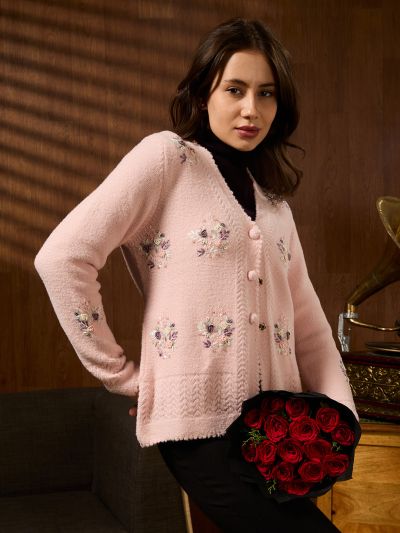 Globus Women Pink V-neck Long Sleeves Floral Embroidered Self Design Pearl Embellished Acrylic Winterwear Cardigan Sweater