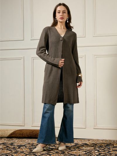 Globus Women Grey V-neck Long Sleeves Self Design Front Slit Button Detail Acrylic Longline Relaxed Fit Winterwear Shrug Dress