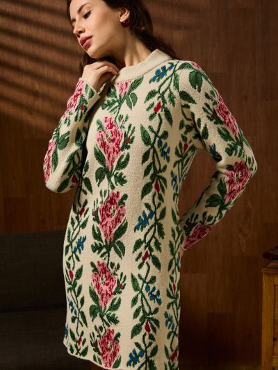 Globus Women Off White High Neck Long Sleeves Floral Self Design Acrylic Above Knee Curved Hem Winterwear Dress