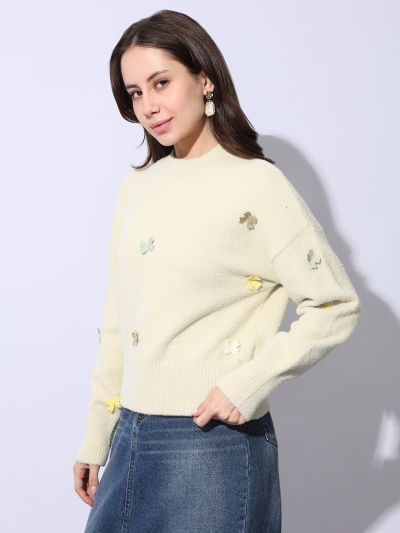 Globus Women Yellow Crew Neck Long Sleeves Embroidered Bow Applique Ribbed Hem Winterwear Pullover Sweater