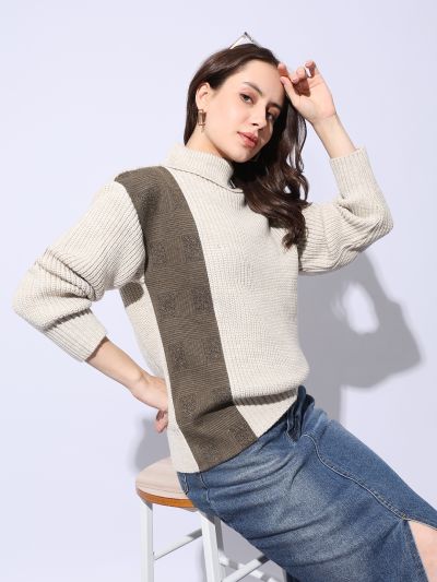Globus Women Taupe Turtle Neck Long Sleeves Colorblock Self Design Ribbed Hem Winterwear Pullover Sweater