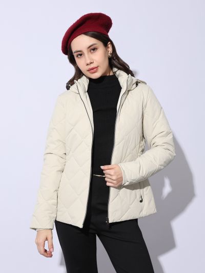 Globus Women Off White Hooded Long Sleeves Front Pockets Winterwear Quilted Jacket