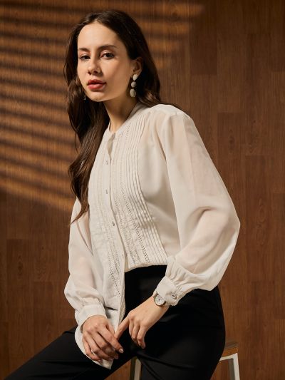 Globus Women White Mandarin Collar Cuffed Sleeves Pleated Lace Inserts Georgette Sheer Shirt