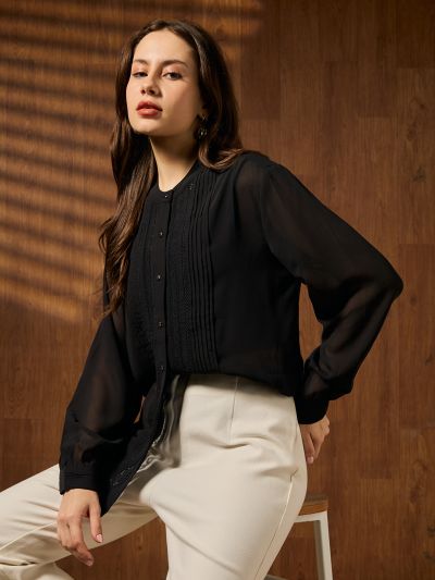 Globus Women Black Mandarin Collar Cuffed Sleeves Pleated Lace Inserts Georgette Sheer Shirt