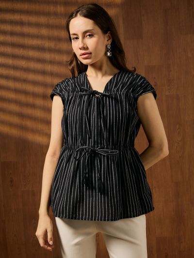 Globus Women Black V-neck Extended Sleeves Striped Gathered & Tie-ups Detail Peplum Top
