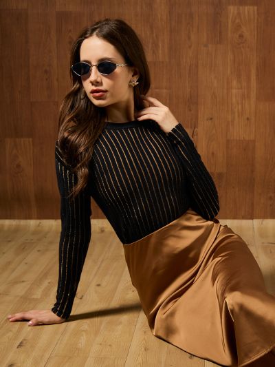 Globus Women Black Round Neck Full Sleeves Self Design Shimmer Detail Stretchable Party Wear Top