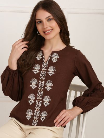 Globus Women Brown Round Neck Puff Sleeves Self Embroidered Casual Wear Top
