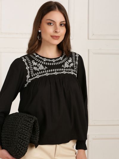 Globus Women Black Round Neck Bishop Sleeves Embroidered Gathered Detail Workwear Top