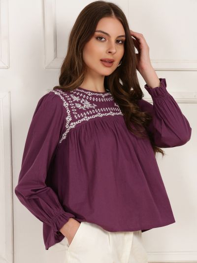 Globus Women Mauve Round Neck Bishop Sleeves Embroidered Gathered Detail Workwear Top