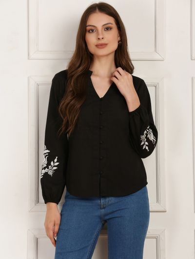 Globus Women Black Mandarin V-Neck Embroidered Bishop Sleeves Pleated Detail Top