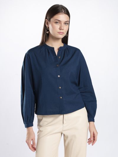 Globus Women Blue Mandarin Collar Long Sleeves Solid Shirt Style Workwear Top