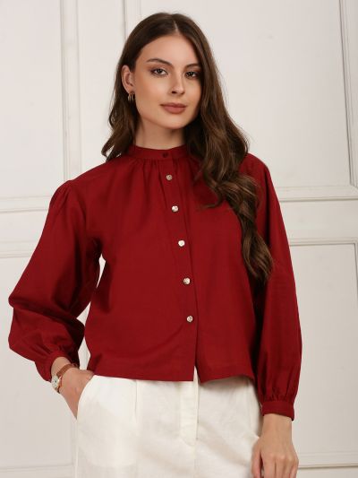 Globus Women Maroon Band Collar Puff Sleeves Button Detail Workwear Top