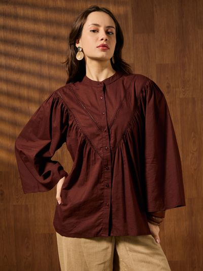 Globus Women Brown Mandarin Collar Kimono Sleeves Lace Insert Detail Top