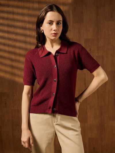 Globus Women Maroon Collared Neck Short Sleeves Self Design Knitted Party Wear Top