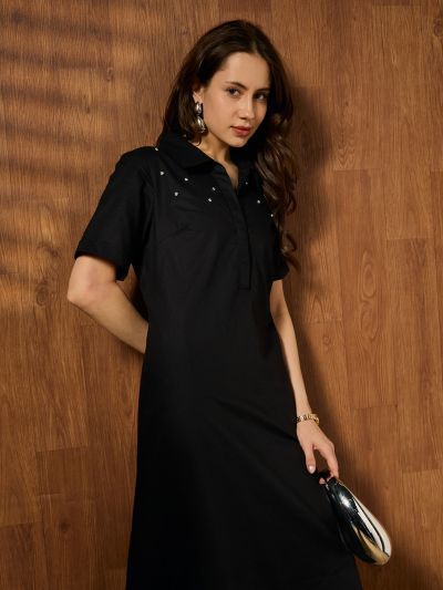 Globus Women Black Shirt Collar Short Sleeves Embellished A-line Midi Cotton Party Dress