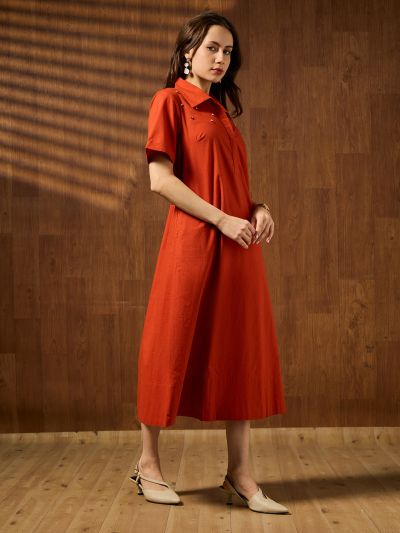 Globus Women Rust Shirt Collar Short Sleeves Embellished A-line Midi Cotton Party Dress