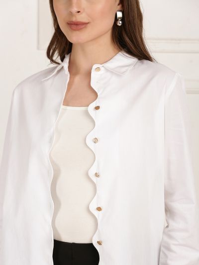 Globus Women White Collared Neck Scalloped Button Placket Cuffed Sleeves Straight Hem Party Shirt