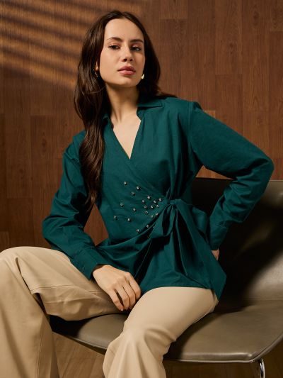 Globus Women Teal Collared Neck Cuffed Sleeves Solid Embellished Tie-up Detail Party Shirt