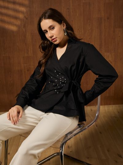 Globus Women Black Collared Neck Cuffed Sleeves Solid Embellished Tie-up Detail Party Shirt