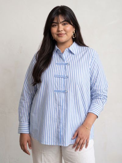 Globus Women Blue Vertical Striped Spread Collar Long Cuffed Sleeves Cotton Shirt