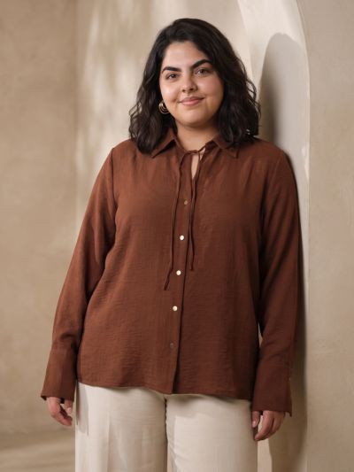 Globus Gloplus Women Brown Spread Collar With Tie Up Detail Cuffed Sleeves Textured Formal Plus Size Shirt