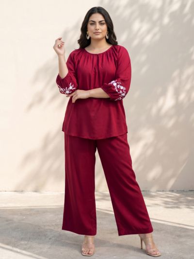 Globus Gloplus Women Maroon Round Neck Embroidered Sleeves Plus Size Top & Trousers Co-Ord Set