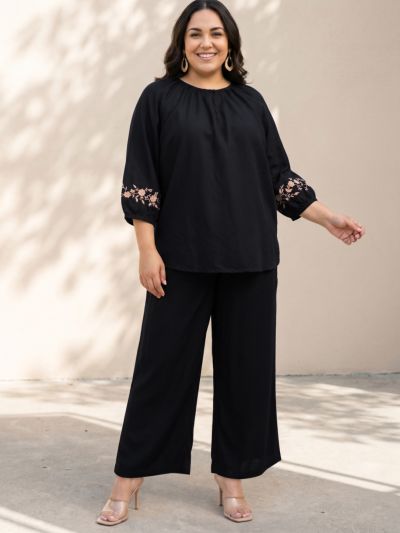 Globus Gloplus Women Black Round Neck Embroidered Sleeves Plus Size Top & Trousers Co-Ord Set