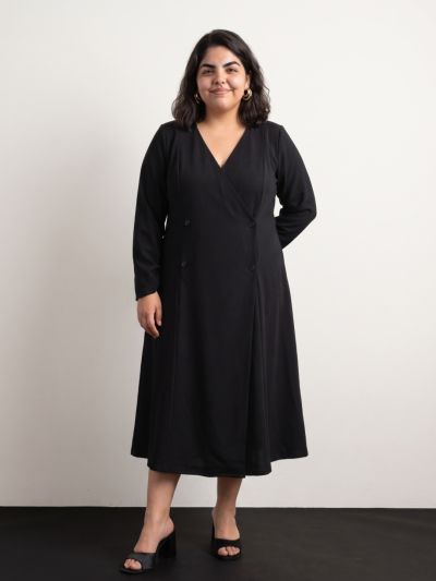 Globus Gloplus Women Black V-neck Long Sleeves Hong Button Double Breasted Self Design Midi Wrap Workwear Plus Size Dress