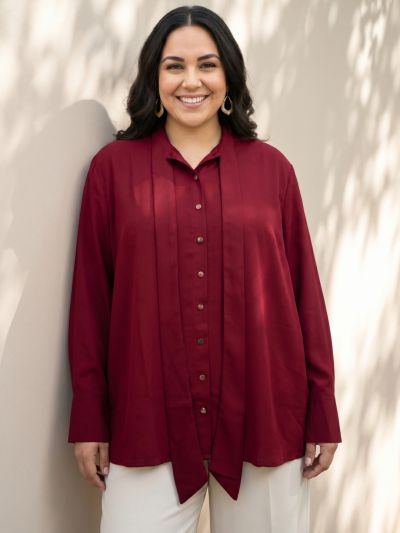 Globus Gloplus Women Maroon Tie Up Neck Cuffed Sleeves Workwear Plus Size Shirt
