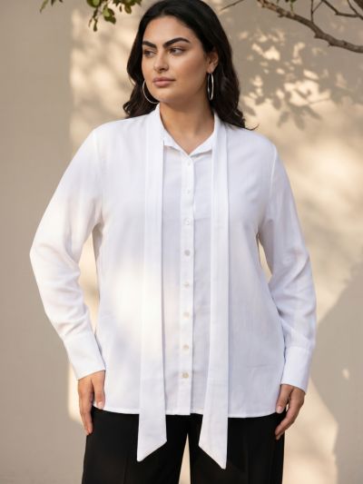 Globus Gloplus Women White Tie Up Neck Cuffed Sleeves Workwear Plus Size Shirt