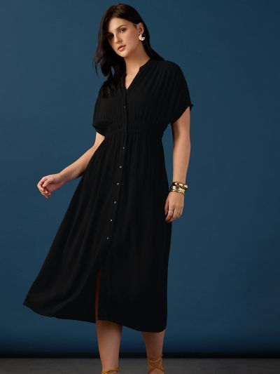 Globus Women Black V-Neck Extended Sleeves Ruched Detail Self Design Fit & Flare Midi Workwear Dress