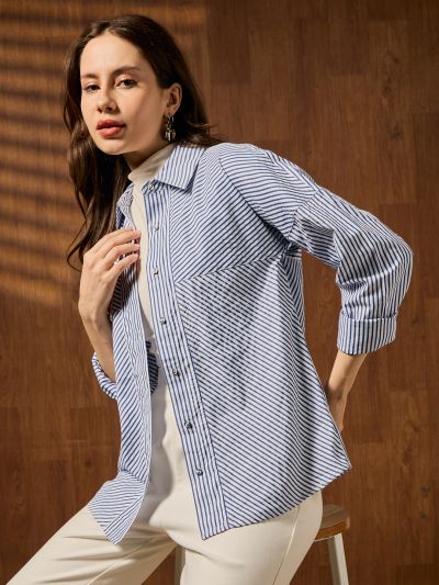 Globus Women Blue Collared Neck Cuffed Sleeves Striped Curved Hem Workwear Shirt