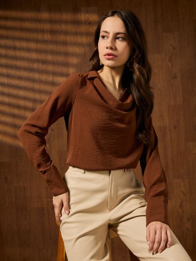 Globus Women Brown Cowl Neck Cuffed Sleeves Self Design Shirt Style Workwear Top
