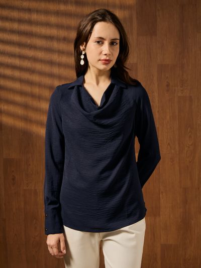 Globus Women Navy Blue Cowl Neck Cuffed Sleeves Self Design Shirt Style Workwear Top