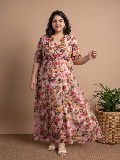 Globus Gloplus Women Magenta V-neck Regular Sleeves Waist Tie-up Detail Floral Print Flared Hem Maxi Fit & Flare Plus Size Dress