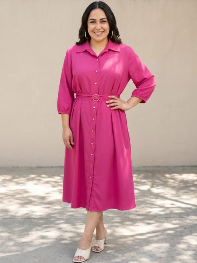 Globus Gloplus Women Pink Collared Neck Puff Sleeve Belted A-Line Midi Plus Size Dress