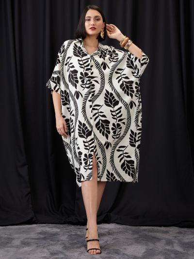 Globus Women White Tropical Print Collared Neck Batwing Sleeves Straight Hem Oversized Fusion Midi Shirt Dress