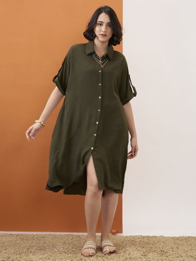 Globus Women Olive Solid Collared Neck Roll-Up Sleeves Curved Hem Midi Shirt Dress